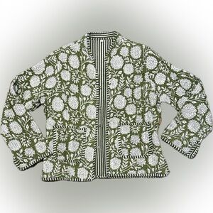 Handmade Quilted Indian Block Print Green Floral Button Up Jacket with Pockets